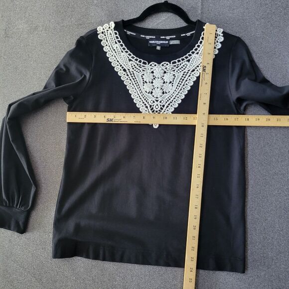 Karl Lagerfeld XS Black White Crochet Neckline Long-sleeved Shirt Blouse 826 - Picture 7 of 9